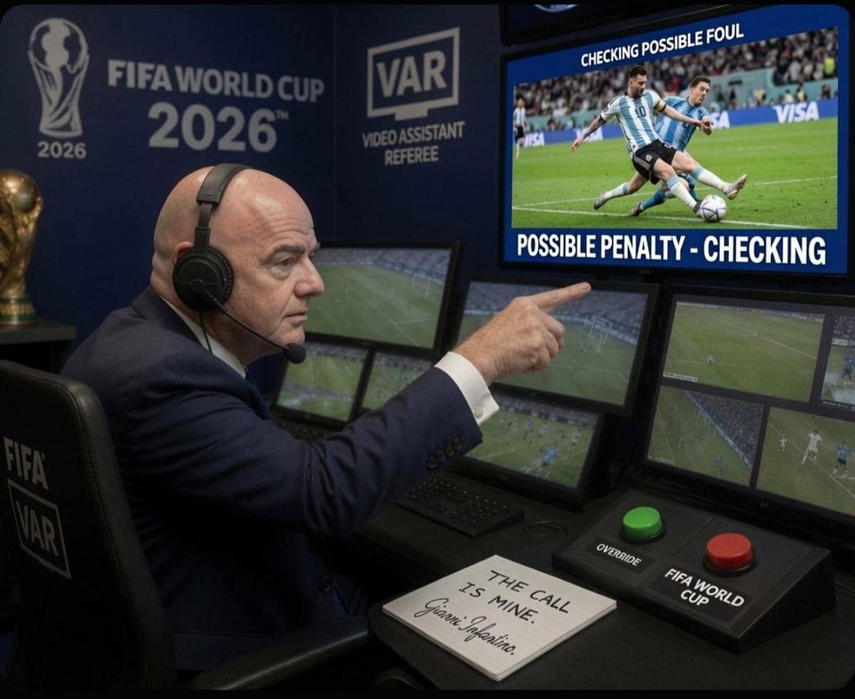 Seorang pejabat FIFA di ruang VAR memantau tayangan ulang pertandingan Argentina dengan tulisan possible penalty checking di layar.