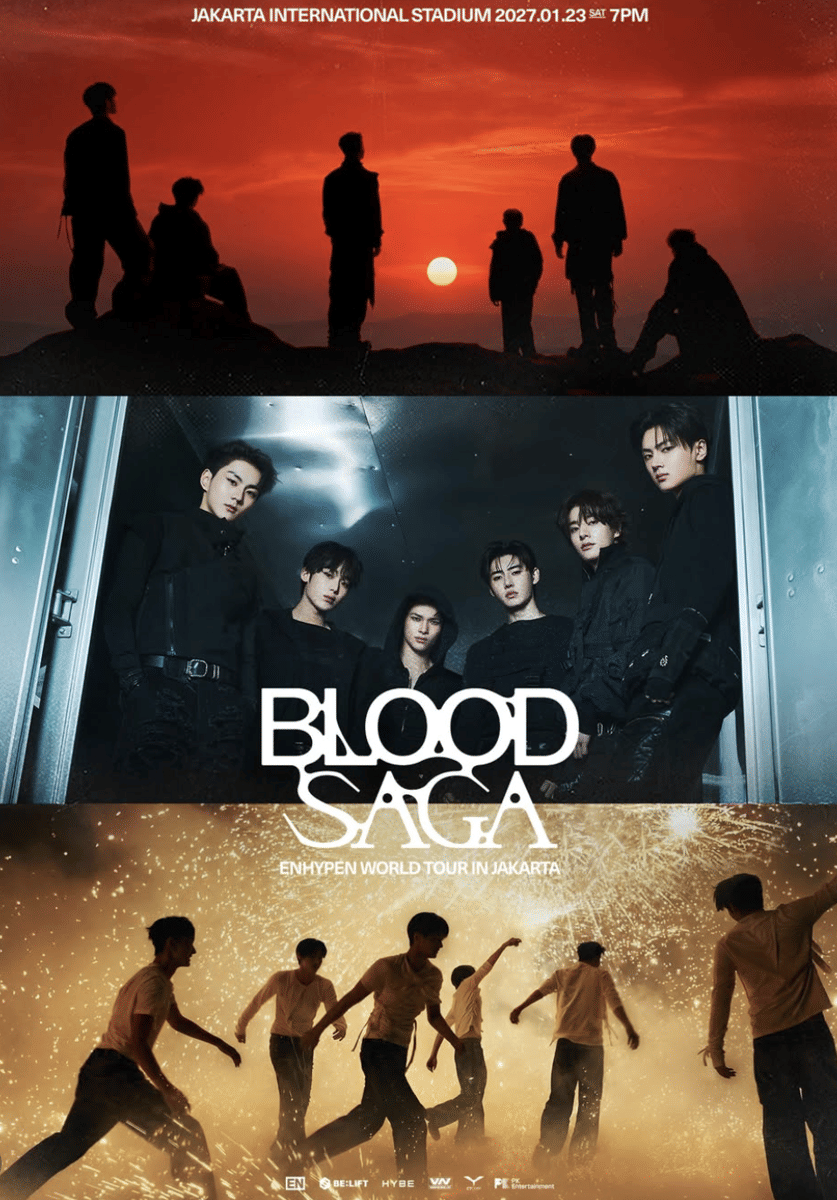 Poster konser ENHYPEN Blood Saga di Jakarta menampilkan siluet anggota grup di bawah matahari terbenam dan suasana panggung penuh cahaya.