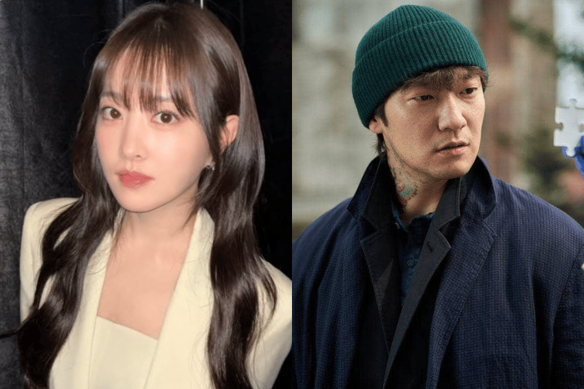 Dua aktor Korea tampil dalam potret terpisah, satu mengenakan jas krem dengan rambut panjang bergelombang, dan satu mengenakan beanie hijau tua serta jaket biru tua.
