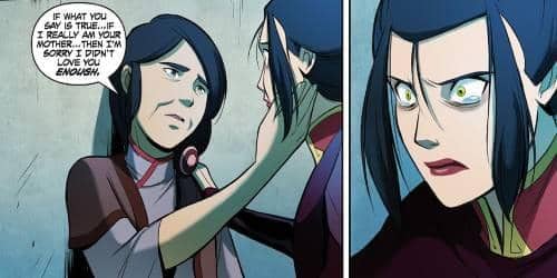 Azula menatap ibunya dengan ekspresi marah dan terkejut saat ibunya menyentuh wajahnya dalam adegan komik Avatar: The Search.