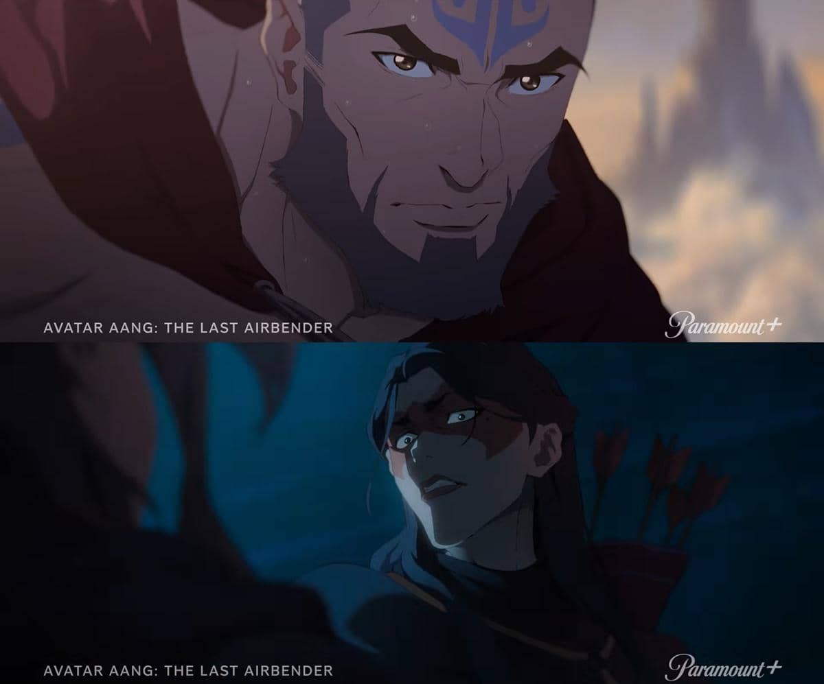Cuplikan animasi dari serial Avatar Aang: The Last Airbender menampilkan dua karakter dengan ekspresi tegang dalam suasana dramatis.