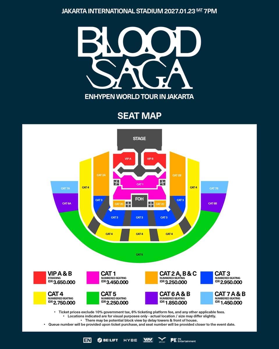 Peta tempat duduk konser ENHYPEN BLOOD SAGA di Jakarta International Stadium dengan kategori tiket dan harga yang berbeda.