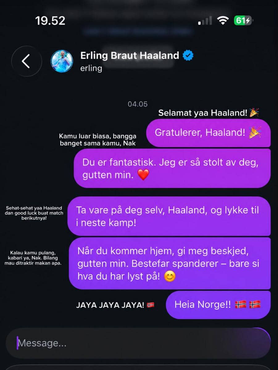 Tangkapan layar percakapan DM Instagram antara akun bernama Erling Braut Haaland dan pengguna lain dengan pesan dalam bahasa Indonesia dan Norwegia.