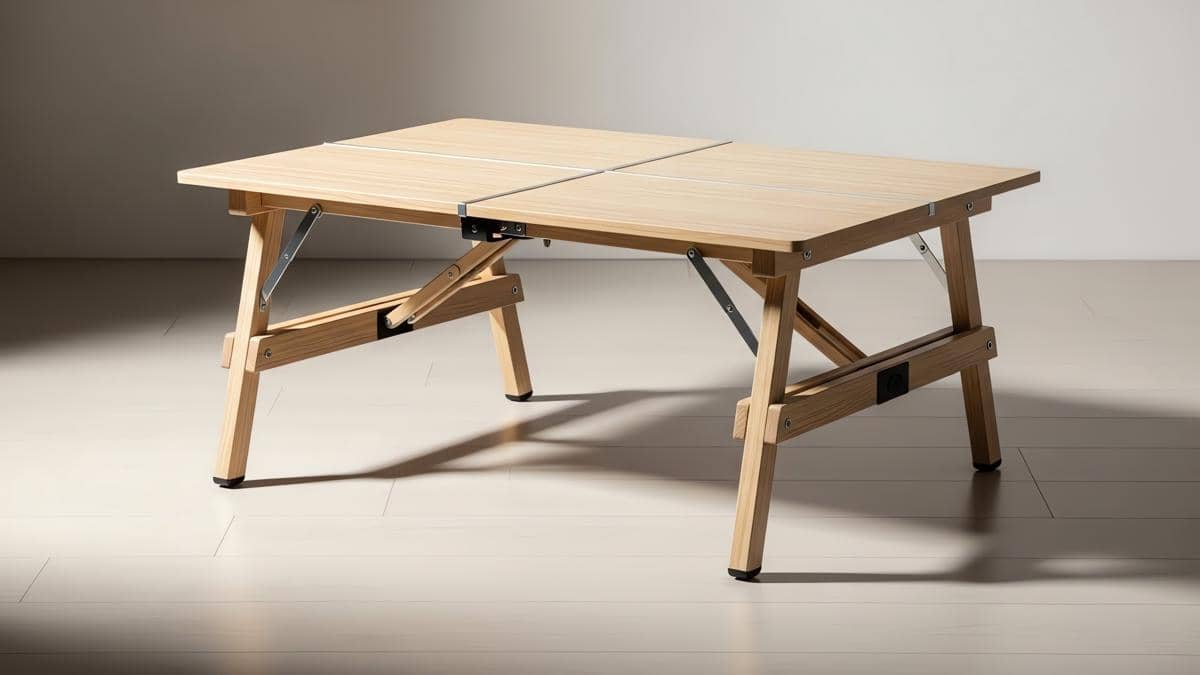 Meja lipat kayu dengan desain modern berwarna terang, memiliki engsel logam dan kaki penyangga yang dapat dilipat di atas lantai.