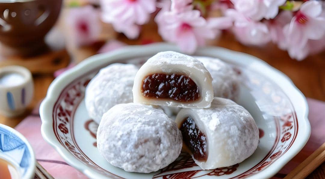 Ilustrasi beberapa mochi bulat berwarna putih dengan isian kacang merah manis di atas latar sederhana.