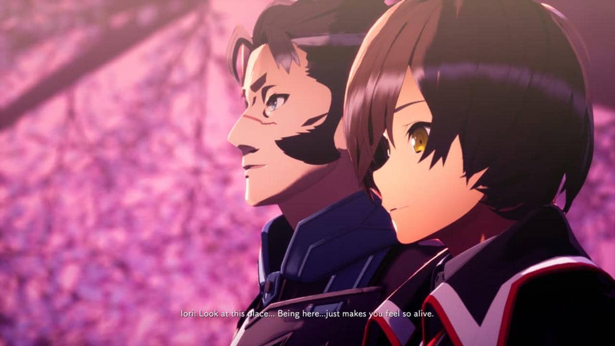 Dua karakter anime berdiri berdampingan di bawah cahaya lembut dengan latar pepohonan berwarna ungu muda yang tampak seperti bunga sakura.