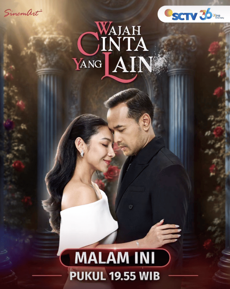 Poster sinetron Wajah Cinta yang Lain menampilkan sepasang pria dan wanita berpelukan mesra di latar kolom klasik dengan nuansa romantis.