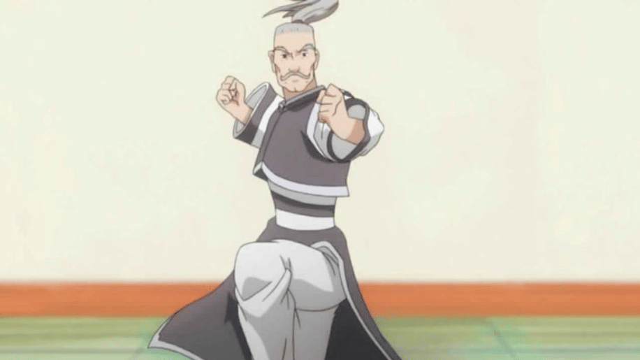 Karakter anime Bodoro berdiri dalam posisi bertarung dengan pakaian tradisional berwarna abu-abu dan putih di dalam ruangan.