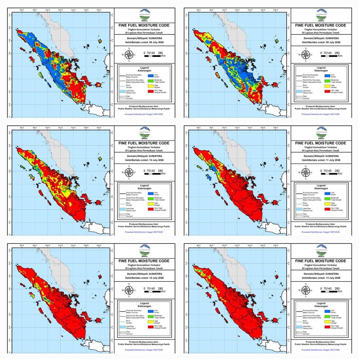 Peta Fine Fuel Moisture Code BMKG memperlihatkan peningkatan area berstatus sangat mudah terbakar di Sumatra antara 8 hingga 13 Juli 2026.
