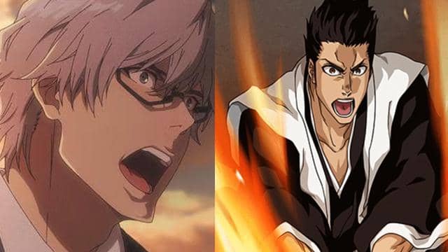 Dua karakter anime dari serial Bleach, satu berambut putih mengenakan kacamata dan satu lagi berambut hitam dengan ekspresi berteriak di tengah api.