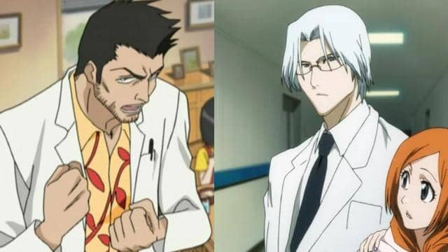 Isshin dan Ryuken dari anime Bleach mengenakan jas dokter putih, satu tampak bersemangat sementara yang lain berdiri serius di rumah sakit.