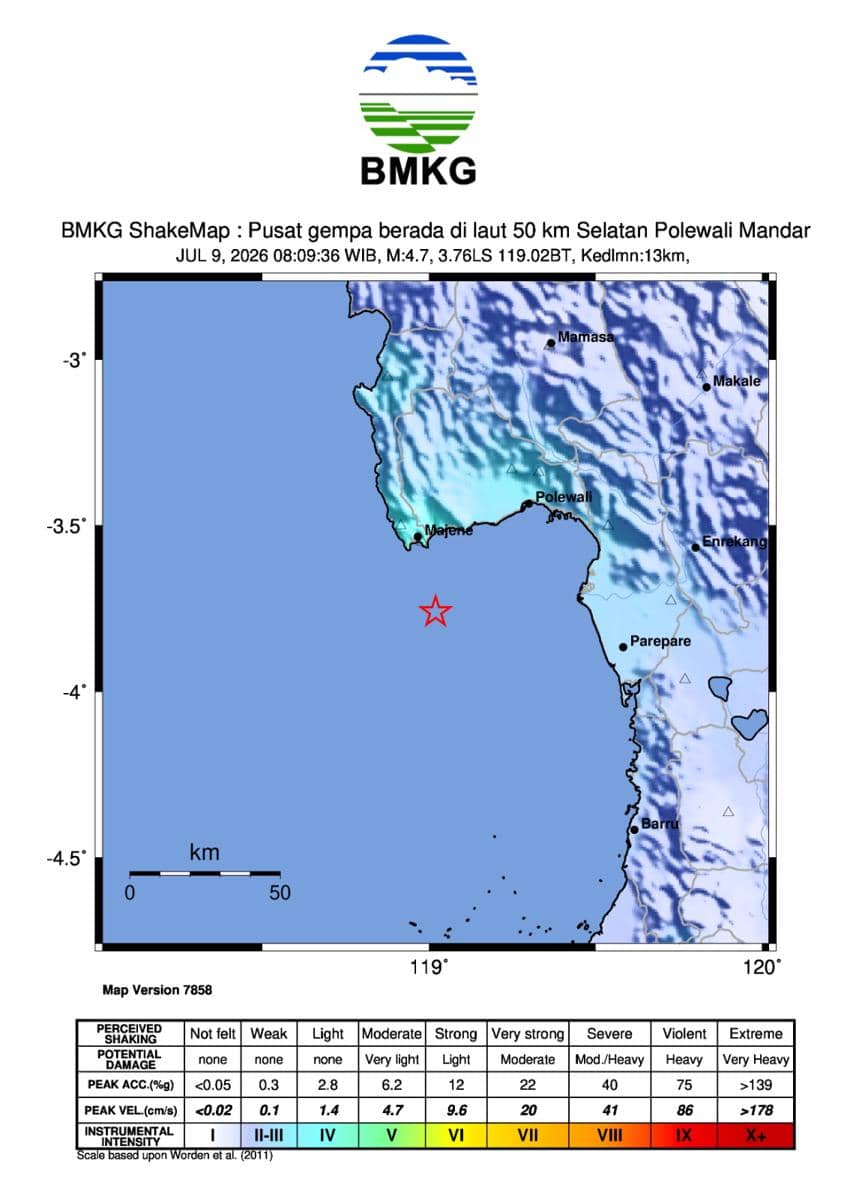 BMKG mencatat gempa berkekuatan M4,7 di Polewali Mandar, Sulawesi Barat, Kamis (9/7/2026). (Dok. BMKG Makassar)