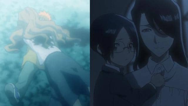 Adegan anime menampilkan dua momen berbeda, satu memperlihatkan sosok terbaring di tanah dan lainnya memperlihatkan seorang anak kecil bersama wanita berambut panjang.