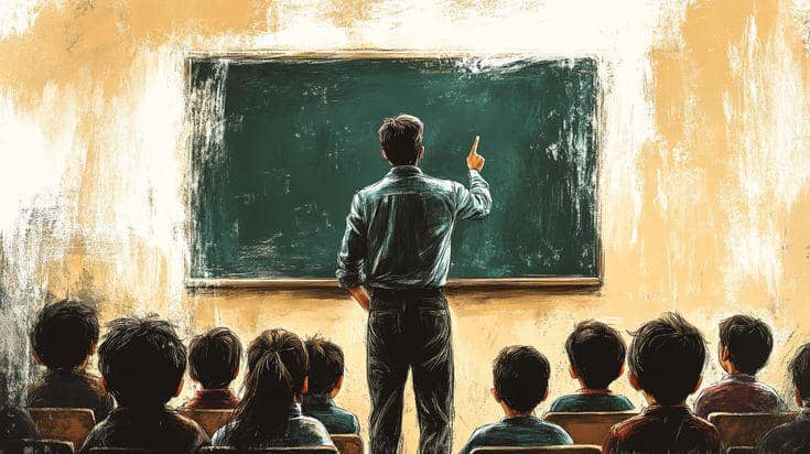 Ilustrasi seorang guru menunjuk papan tulis di depan kelas berisi murid-murid yang duduk menghadap ke depan