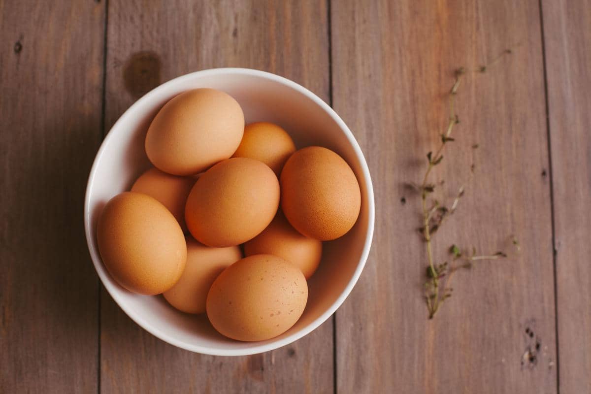 Ilustrasi telur rebus bercangkang putih yang disajikan sebagai makanan sederhana kaya protein di atas permukaan terang.