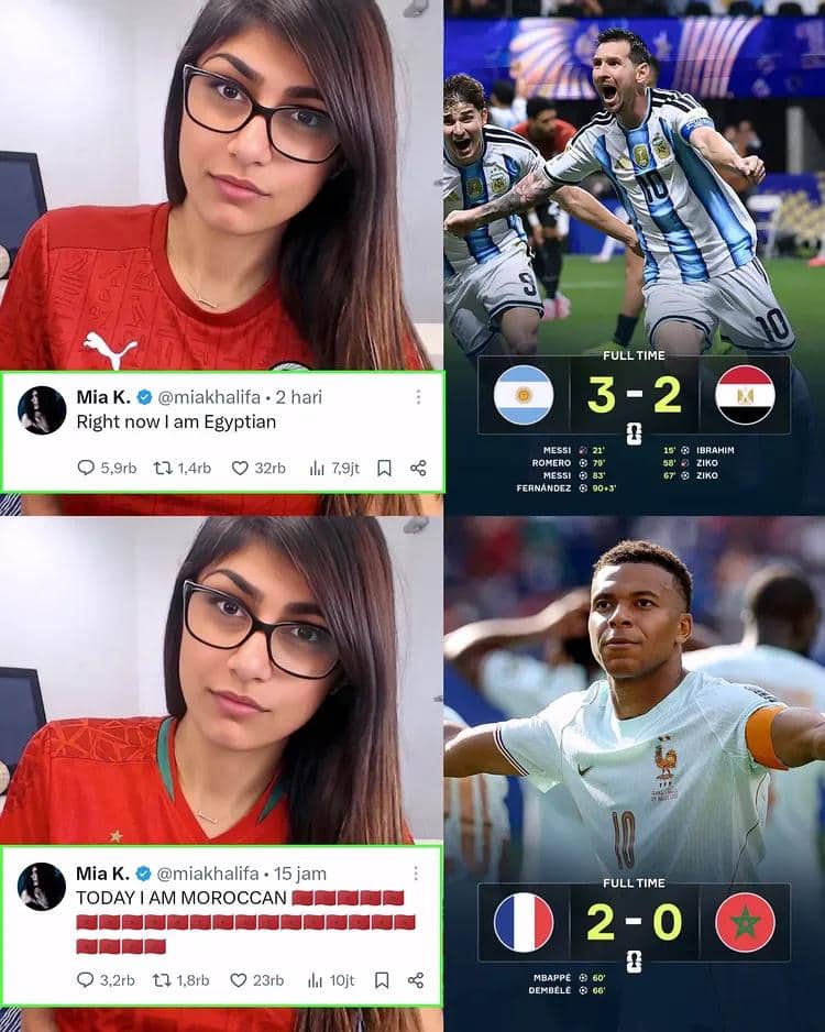 Kolase meme menampilkan seorang wanita berganti jersey tim nasional dan tangkapan layar skor pertandingan Argentina vs Mesir serta Prancis vs Maroko.