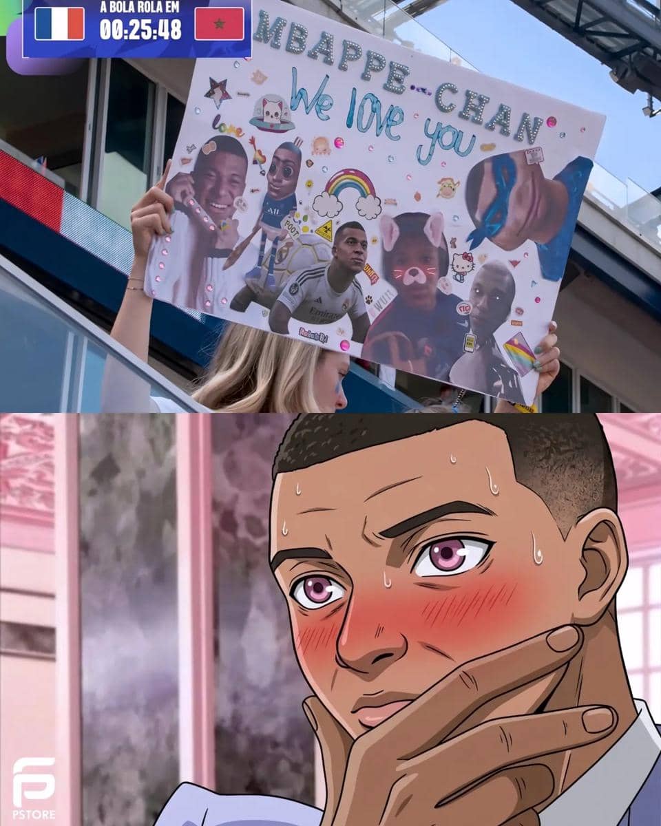 Seorang penggemar memegang poster bertuliskan 'Mbappe-chan We Love You' dengan gambar pemain sepak bola dan ilustrasi anime lucu, disertai meme wajah anime memerah.