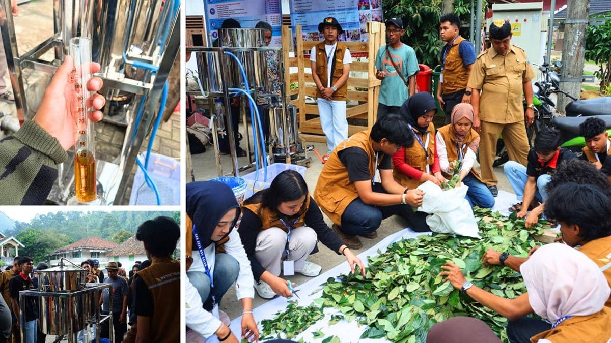 Dosen dan mahasiswa Itera bersama warga mengolah limbah daun pala menggunakan alat destilasi untuk menghasilkan produk bernilai ekonomi.