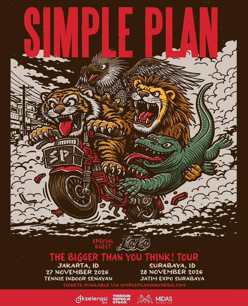Poster konser Simple Plan bertema ilustrasi hewan buas seperti harimau, elang, singa, dan kadal mengendarai motor dengan latar langit mendung.