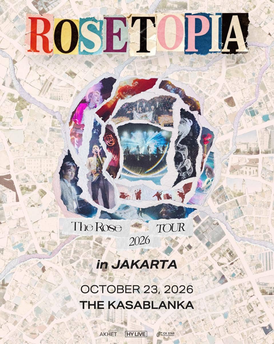 Poster konser The Rose bertajuk ROSETOPIA Tour 2026 di Jakarta dengan latar peta kota dan kolase foto penampilan panggung.