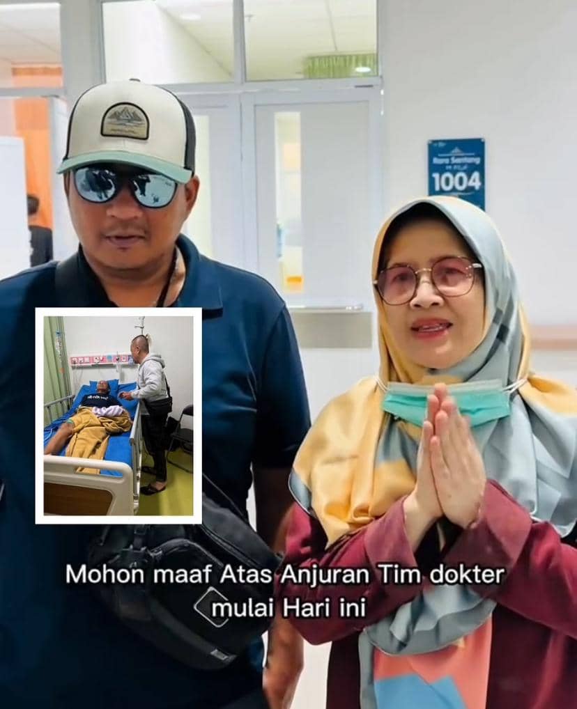 Seorang pria mengenakan topi dan kacamata hitam berdiri di samping wanita berhijab di rumah sakit, dengan inset foto pasien di ranjang rumah sakit.
