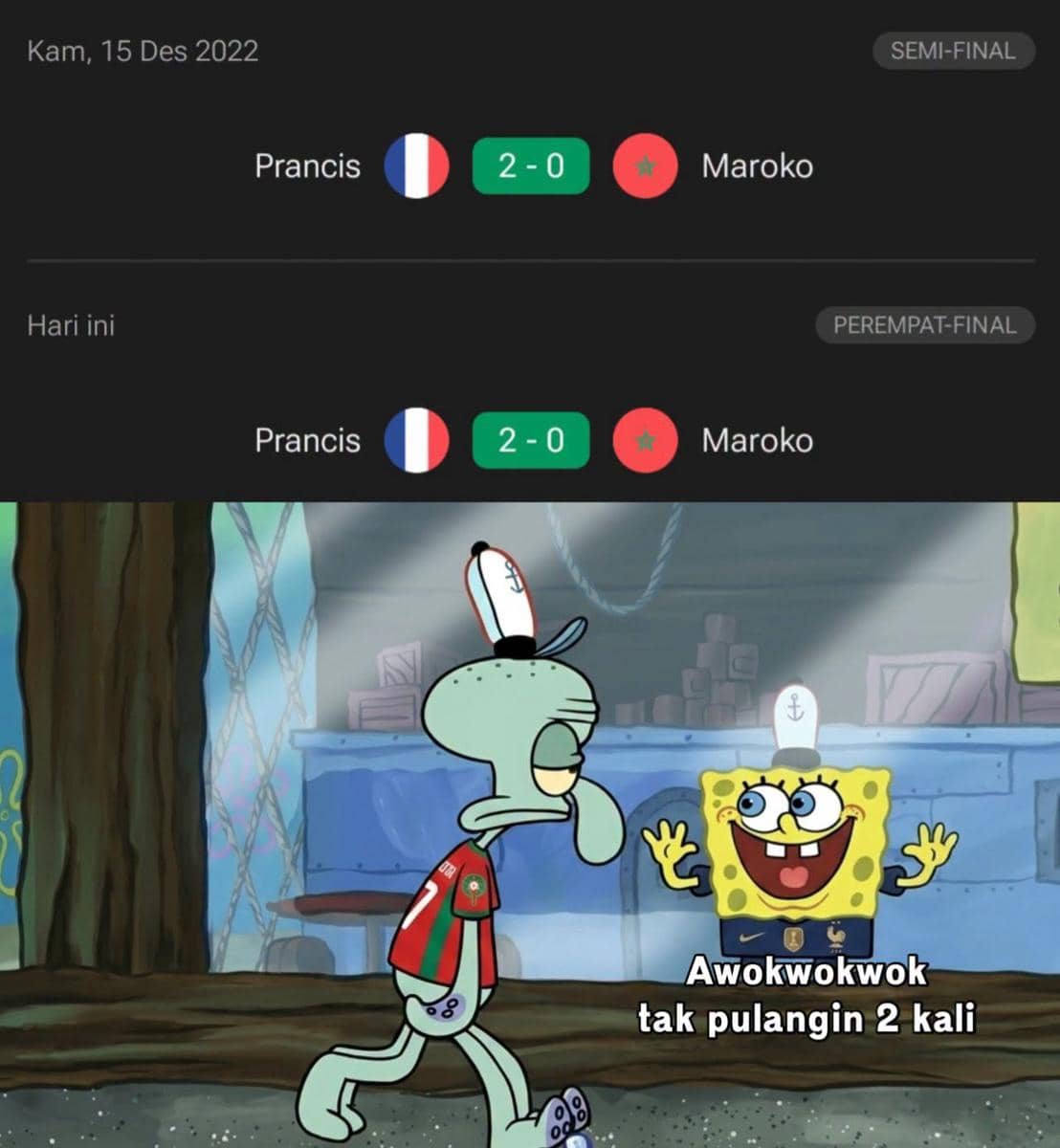 Meme pertandingan sepak bola Prancis vs Maroko dengan skor 2-0 dua kali, disertai karakter kartun SpongeBob dan Squidward mengenakan jersey tim nasional.