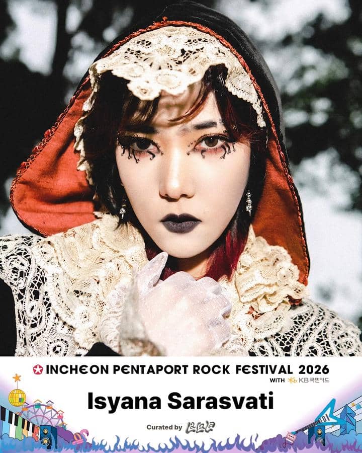 Poster Pentaport Rock Festival 2026 menampilkan Isyana Sarasvati dengan riasan artistik dan busana bernuansa gothic berenda.
