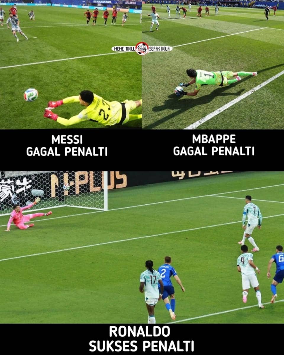 Kolase tiga momen tendangan penalti sepak bola, dua kiper berhasil menepis bola dan satu pemain berhasil mencetak gol ke gawang.