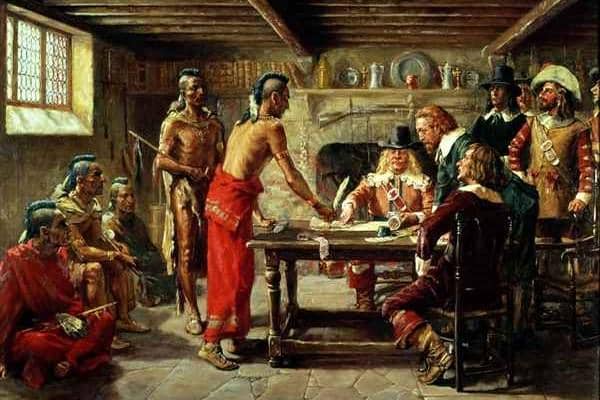 Ilustrasi penandatanganan perjanjian damai antara pemukim Eropa dan suku Indian di rumah Jonas Bronck pada 1642
