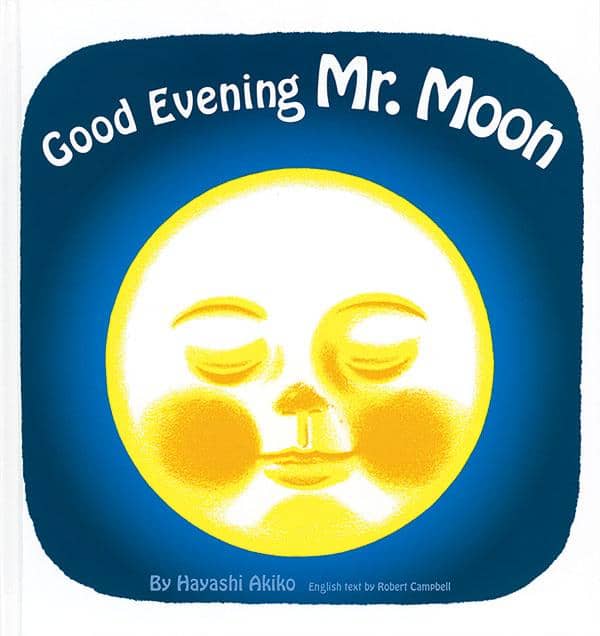 Sampul buku Good Evening Mr. Moon menampilkan ilustrasi bulan berwajah manusia dengan mata terpejam di latar biru gelap.