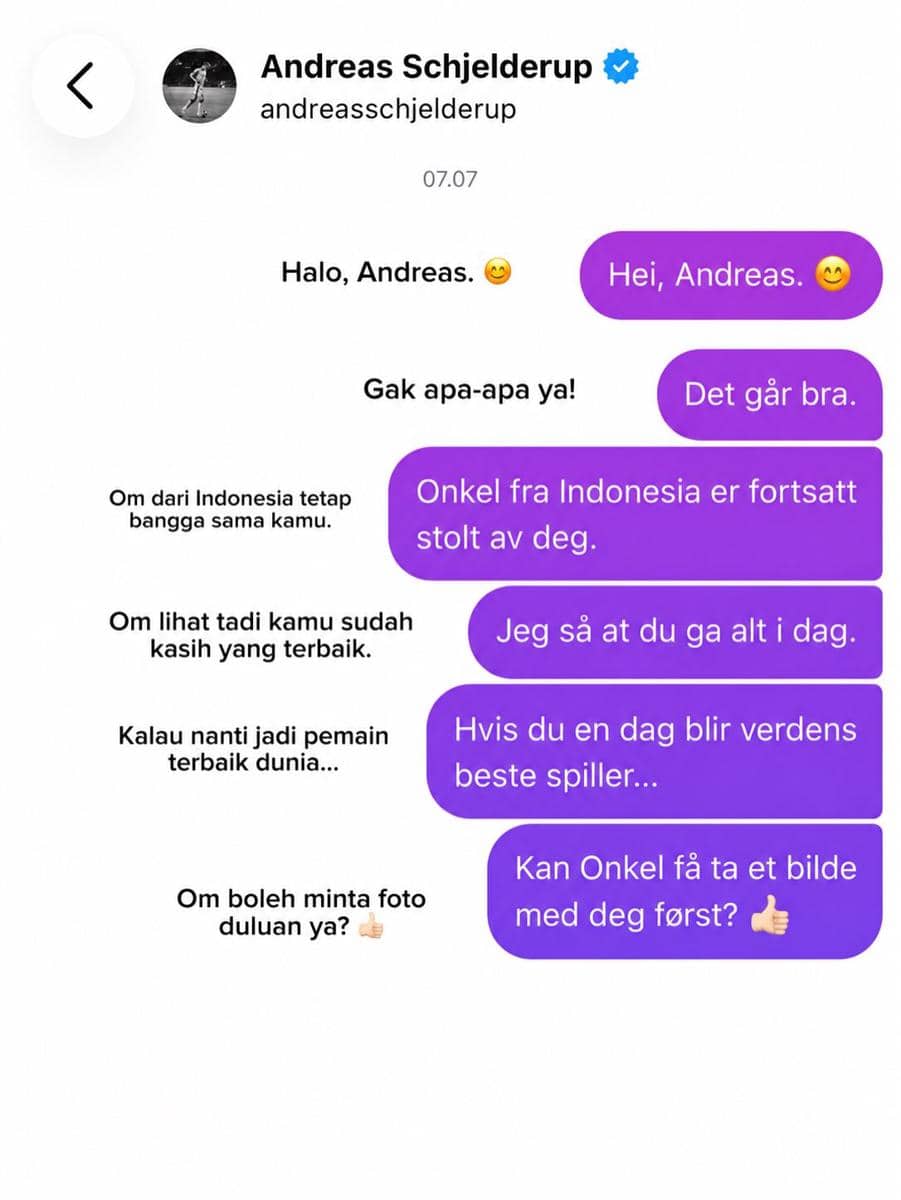 Tangkapan layar percakapan DM antara ayah Alice Norin dan pemain Norwegia Andreas Schjelderup di Instagram dengan pesan dalam bahasa Indonesia dan Norwegia.