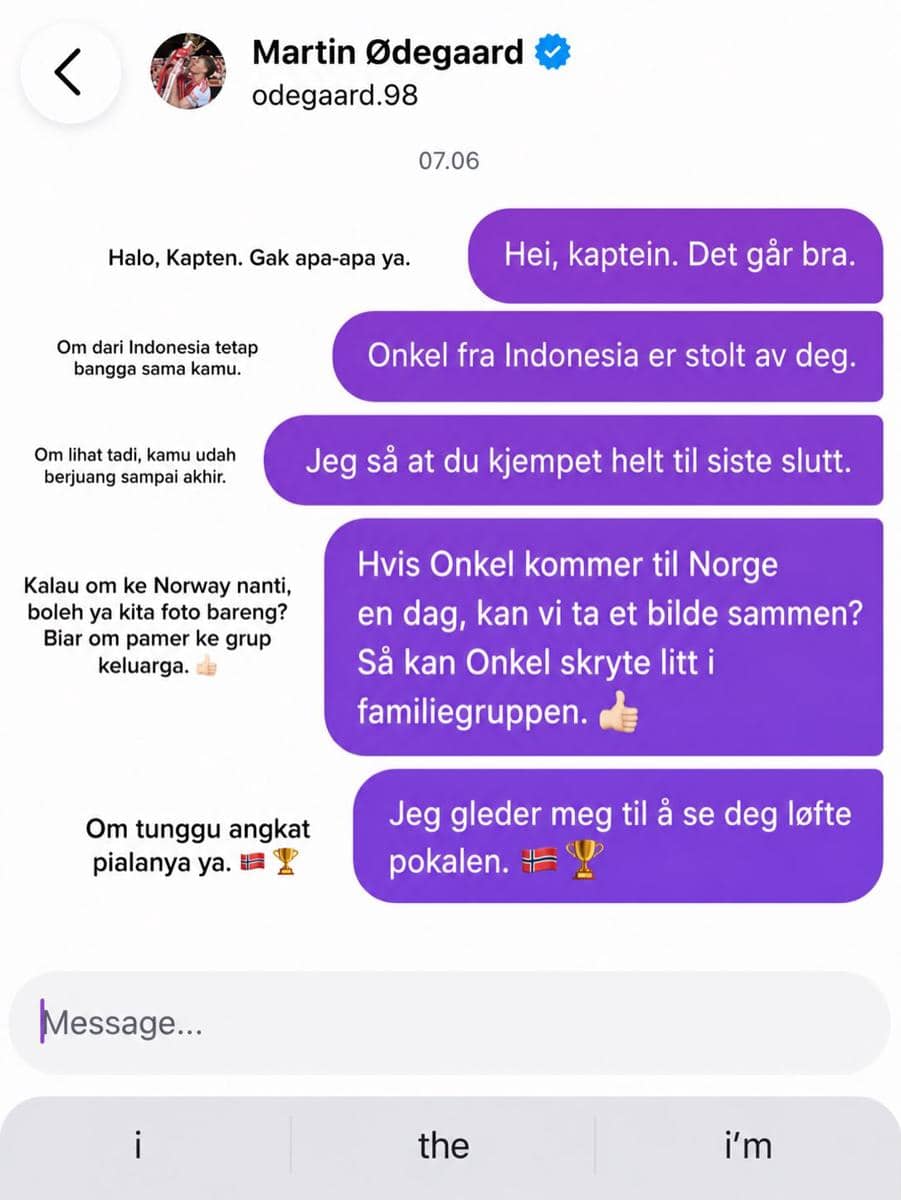 Tangkapan layar percakapan DM antara ayah Alice Norin dan pemain sepak bola Norwegia Martin Ødegaard yang berisi pesan dukungan dalam bahasa Indonesia dan Norwegia.