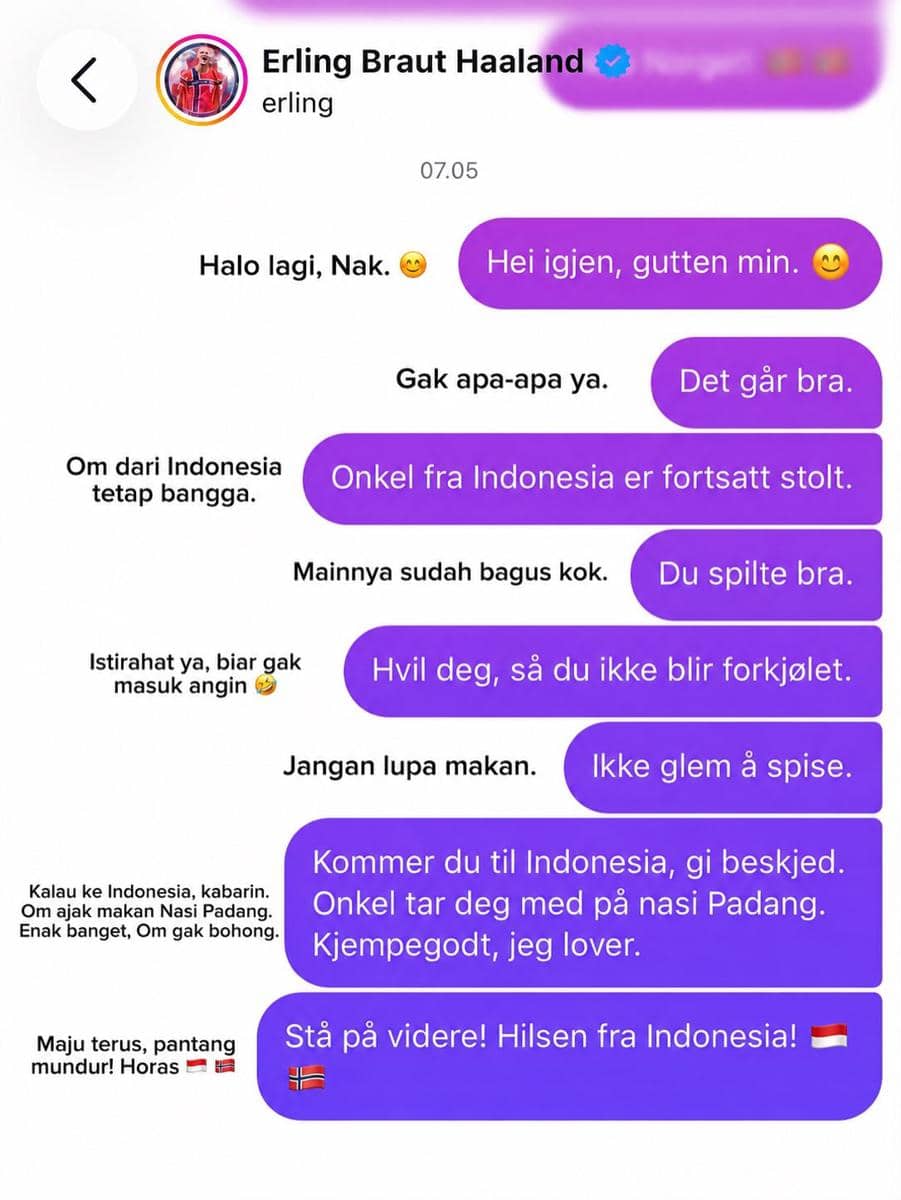 Tangkapan layar percakapan langsung di Instagram antara ayah Alice Norin dan pemain sepak bola Norwegia dengan pesan dalam bahasa Indonesia dan Norwegia.