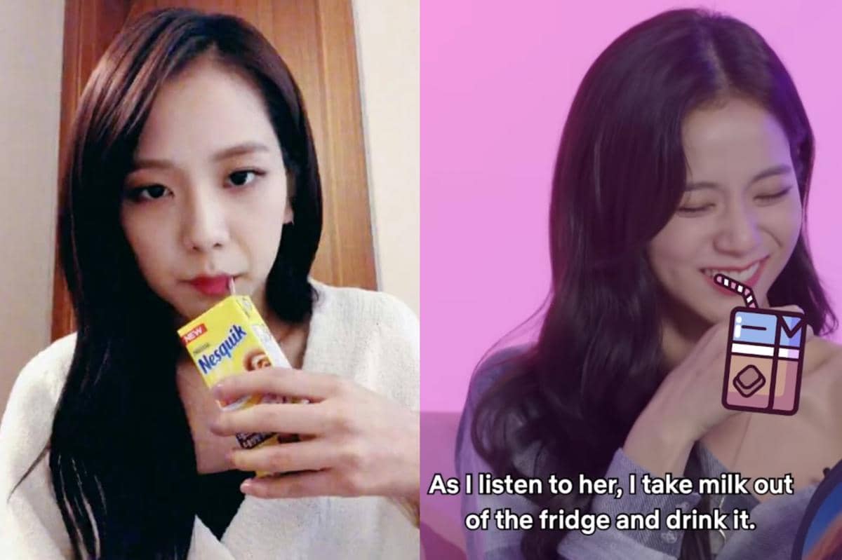 Jisoo BLACKPINK terlihat meminum susu cokelat dalam livestream solo dan pernah kedapatan meneguk total tiga kotak susu dalam kurun waktu singkat saat fokus mendengarkan Rosé berceloteh