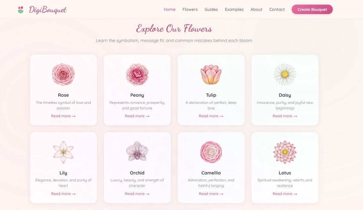 Tangkapan  layar website DigiBouquet menampilkan daftar bunga yang dapat dibuat