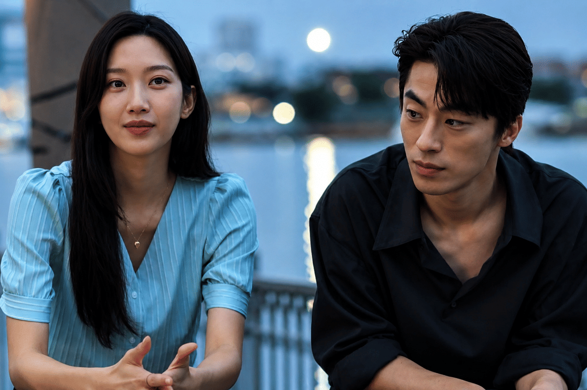 Dua karakter duduk berdampingan di tepi sungai pada senja hari dalam adegan film Once We Were Us, dengan latar lampu kota yang mulai menyala.