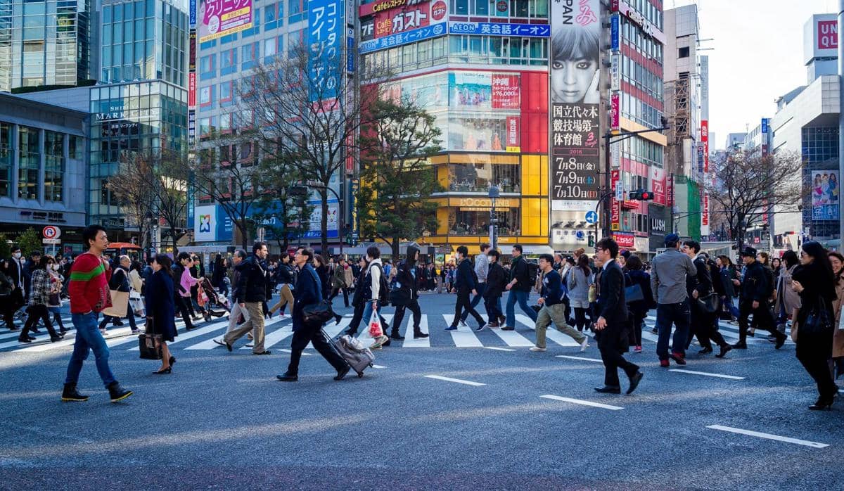 ilustrasi Tokyo, Jepang, pejalan kaki, crowd, perkotaan