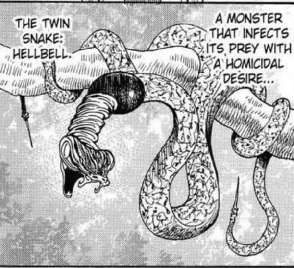 Ilustrasi makhluk Hellbell dari Dark Continent dalam manga Hunter x Hunter, menampilkan ular berkepala ganda dengan tubuh melilit mangsanya.