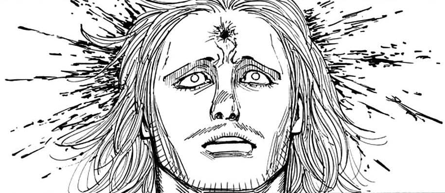 Ilustrasi karakter manga dengan ekspresi terkejut dan cahaya muncul dari dahinya, menggambarkan momen intens dalam cerita.