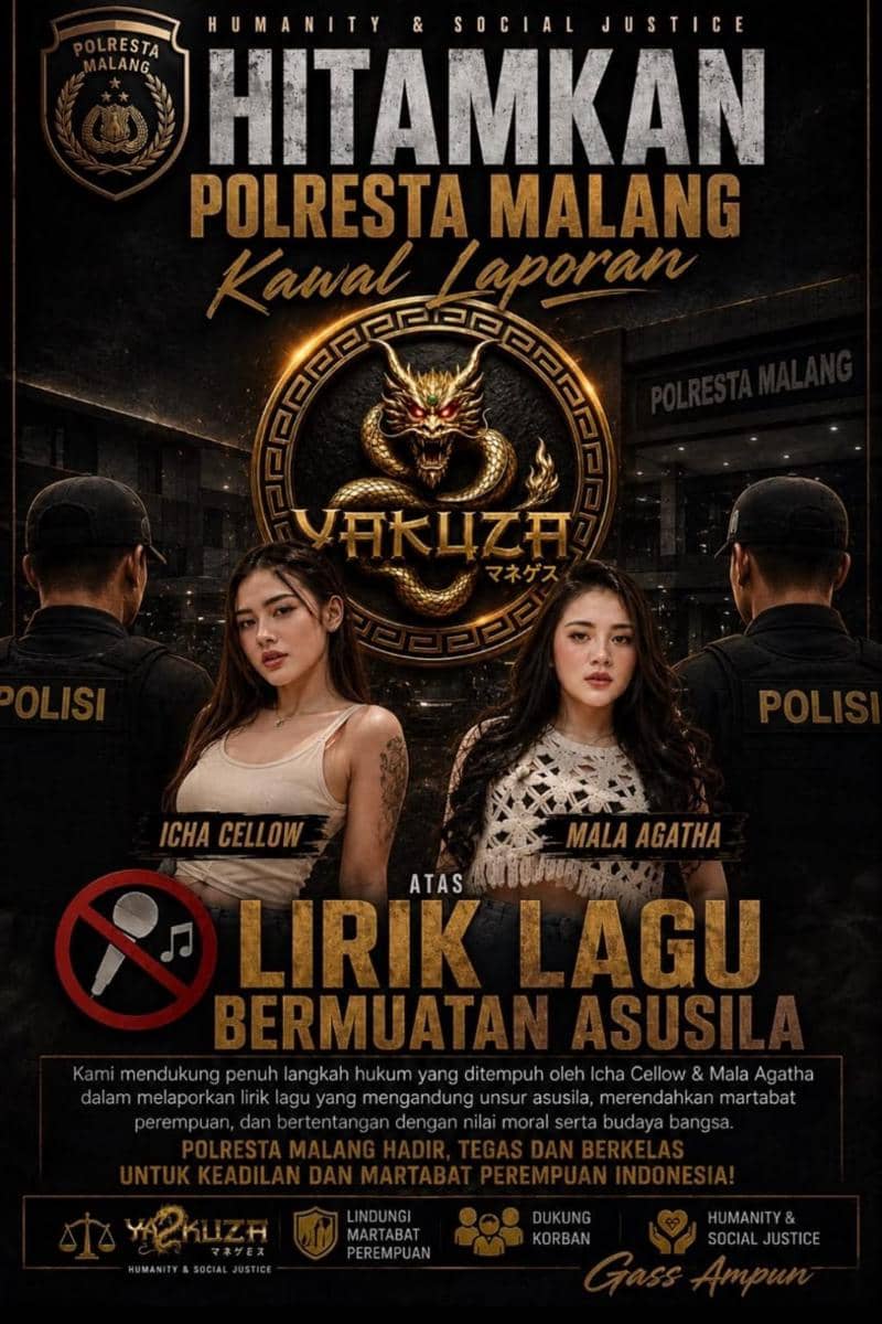 Poster kontroversi lagu Gapapa yang dibawakan oleh Icha Cellow dan Mala Agatha, menampilkan dukungan Polresta Malang terhadap laporan terkait lirik bermuatan asusila.