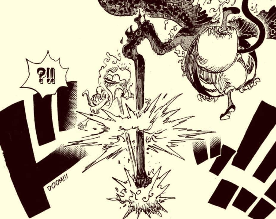 Ilustrasi adegan manga One Piece menampilkan karakter menggunakan teknik dengan kekuatan mirip Luffy dalam pertarungan intens.