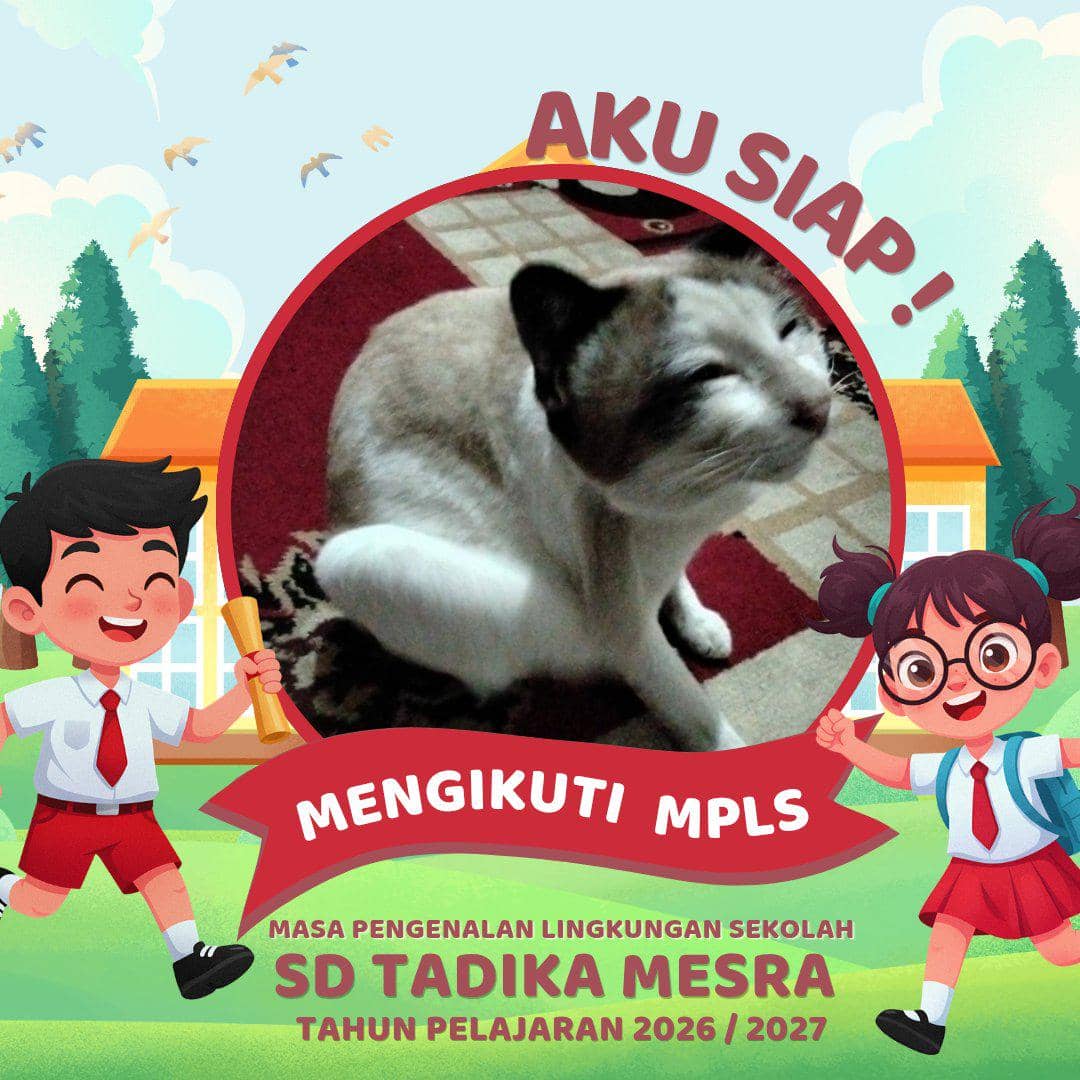 Seekor kucing dengan ekspresi lucu berada di tengah bingkai bertema sekolah dasar bertuliskan siap mengikuti MPLS SD Tadika Mesra tahun ajaran 2026/2027.
