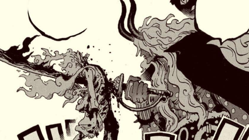 Nerona Imu menusuk Luffy dengan pedang dalam adegan manga One Piece, memperlihatkan momen pertarungan intens di dunia fiksi tersebut.