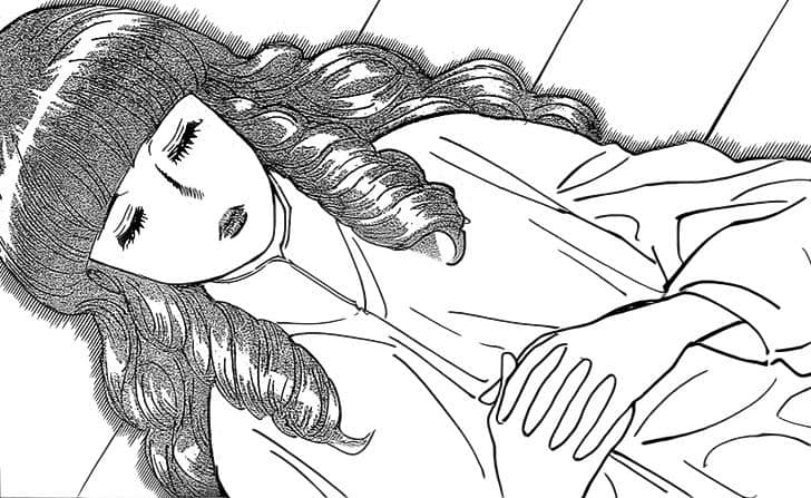 Ilustrasi karakter Momoze Hui Guo Rou dari manga Hunter x Hunter terbaring dengan mata tertutup dan tangan terlipat di dada.