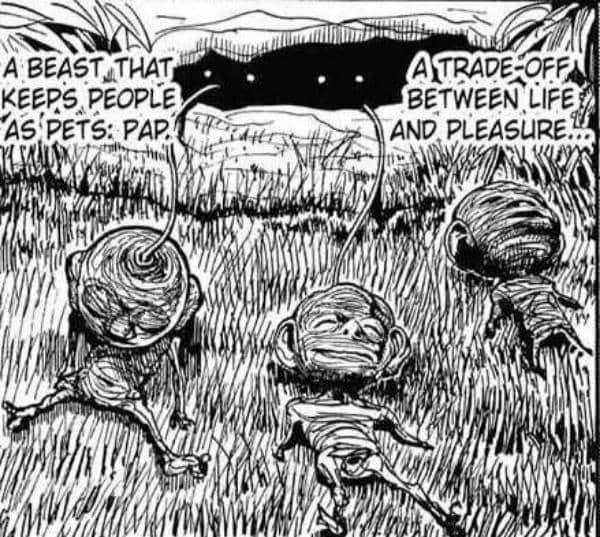 Ilustrasi makhluk Pap dari Dark Continent dalam manga Hunter x Hunter, menampilkan tiga manusia kecil terbaring di rumput dengan makhluk besar di kejauhan.