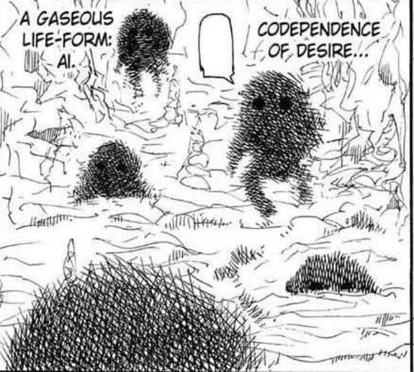 Makhluk gas berbentuk bulat dengan tekstur kabur berjalan di area berbatu, diambil dari manga Hunter x Hunter karya Yoshihiro Togashi.