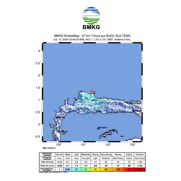 Gempa bumi mengguncang Kabupaten Buol, Sulawesi Tengah, pada Minggu malam (12/7/2026). (Dok. BMKG)