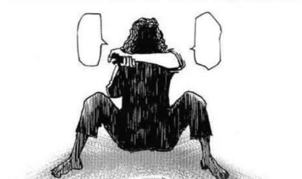 Ilustrasi karakter penderita penyakit Zobae dari Dark Continent duduk dengan posisi membungkuk dalam panel manga hitam putih.
