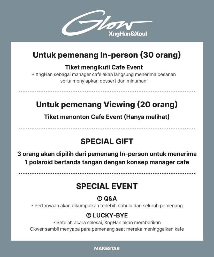 Poster acara Glow XngHan&Xoul di Jakarta berisi informasi tiket, hadiah spesial, dan kegiatan Q&A serta Lucky-Bye untuk peserta.