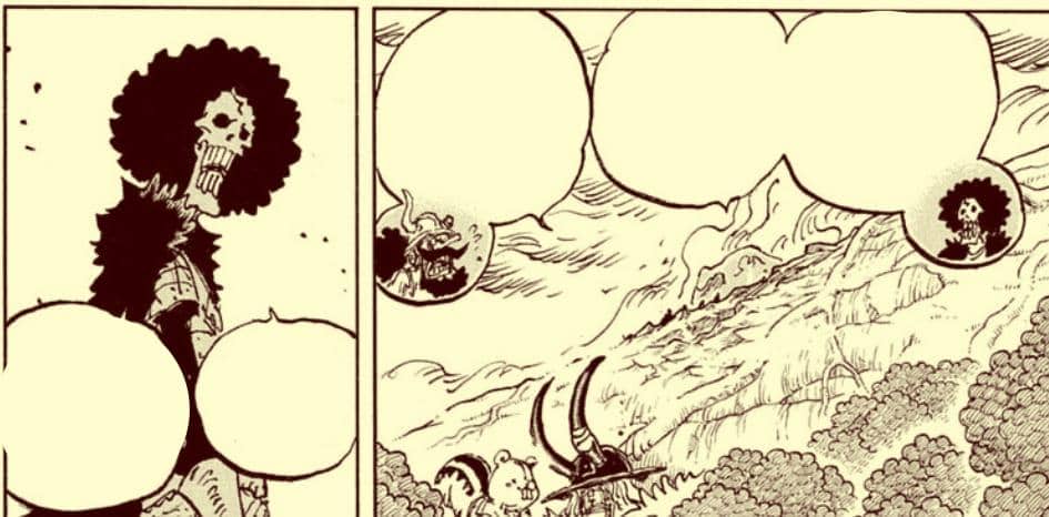 Brook berdiri sambil berbicara dalam panel manga One Piece, dengan latar hutan dan pegunungan di kejauhan.